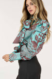 Long Sleeve Print Blouse with Bow Detail: S / TURQUOISE/BROWN