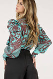 Long Sleeve Print Blouse with Bow Detail: S / TURQUOISE/BROWN