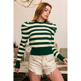 BiBi - GIGOT SLEEVE STRIPE SWEATER: HUNTER GREEN / XL