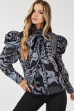 Long Sleeve Print Blouse with Bow Detail: M / TURQUOISE/BROWN