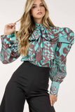 Long Sleeve Print Blouse with Bow Detail: L / TURQUOISE/BROWN