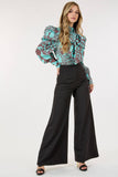 Long Sleeve Print Blouse with Bow Detail: S / TURQUOISE/BROWN