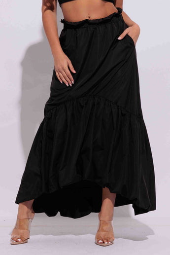 Shirring maxi skirt with pockets: L / BLACK