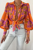 Double Take Flower Print Collared Neck Lantern Sleeve Shirt