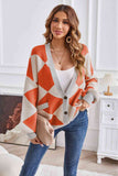 Geometric Lantern Sleeve Cardigan with Pockets