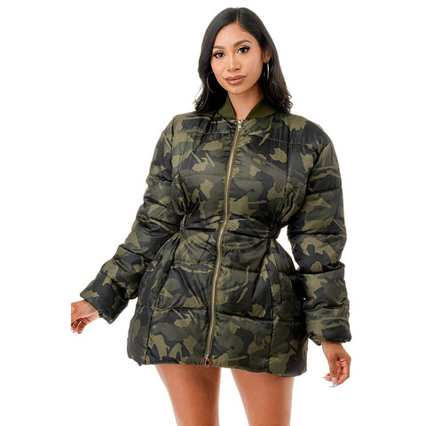 Plus Elastic Waist Front Zip Closure Puffer Jacket: MULTI / 2XL