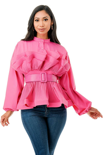Plus Size Ruffles Blouse Shirt: Fuchsia / 3X