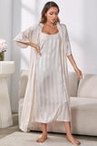 Striped Flounce Sleeve Open Front Robe and Cami Dress Set